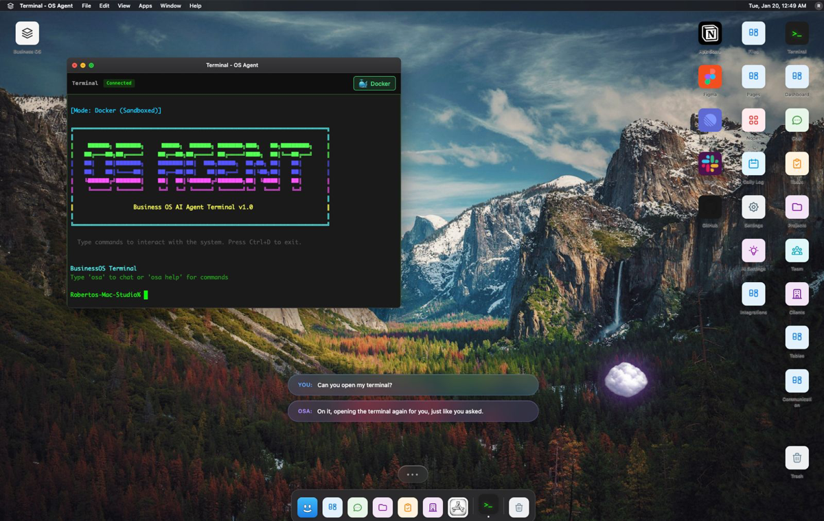 The BusinessOS desktop: draggable module windows, a real local terminal, and the OSA assistant
